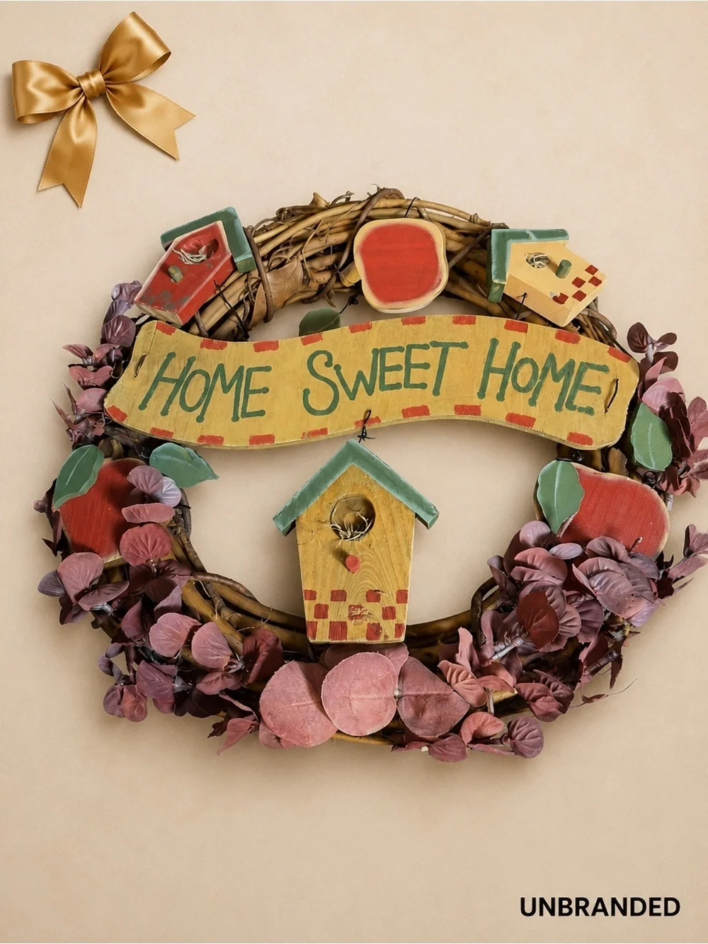 Home Sweet Home Wreath with Birdhouses, Apples & Rustic Grapevine Base 14x14 in